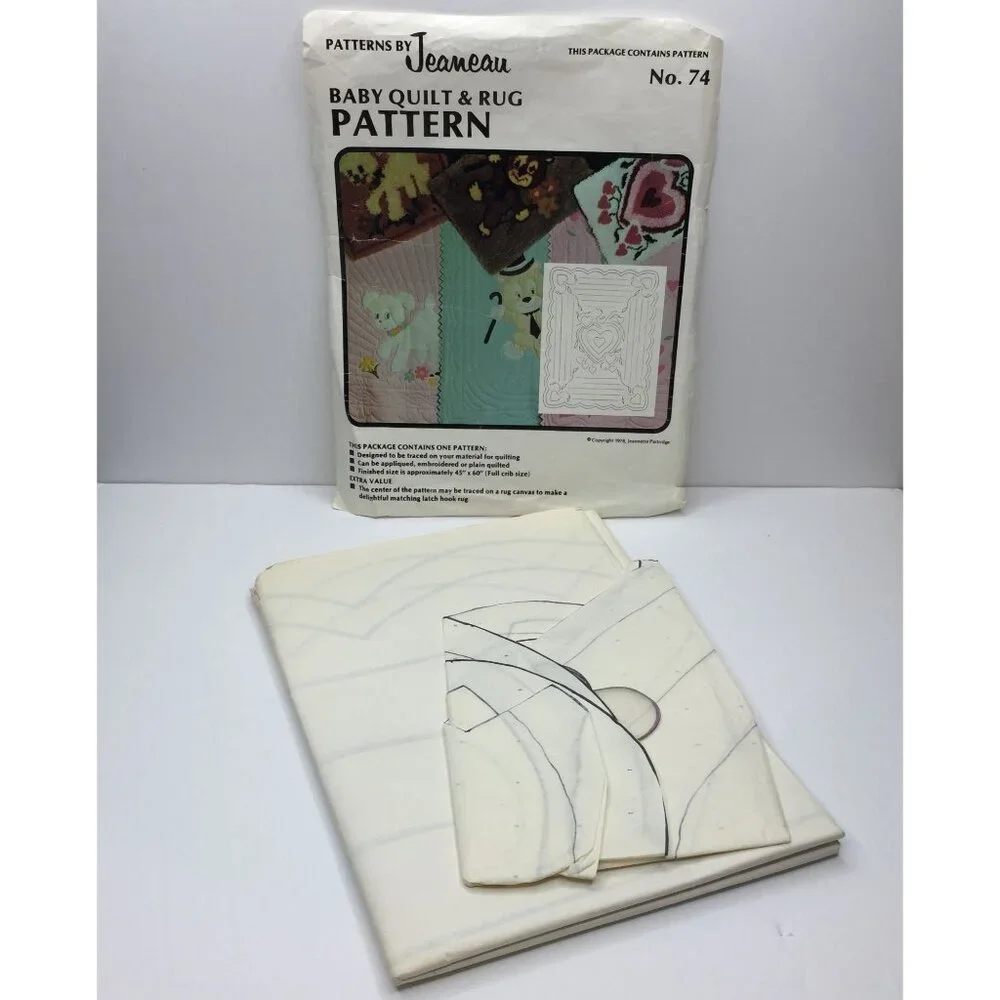 Vtg Patterns by Jeaneau Baby Quilt & Rug Pattern No 74 Embroidery Hearts Leaves